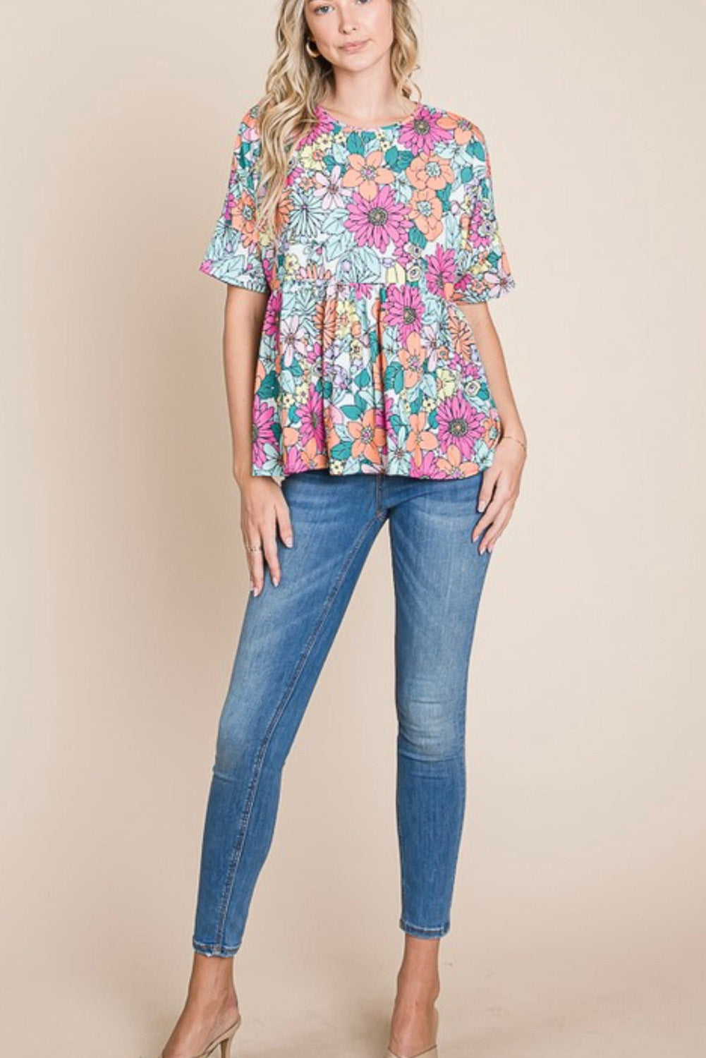 Multicolor Bohemian Flower Print Flowy Short Sleeve Top