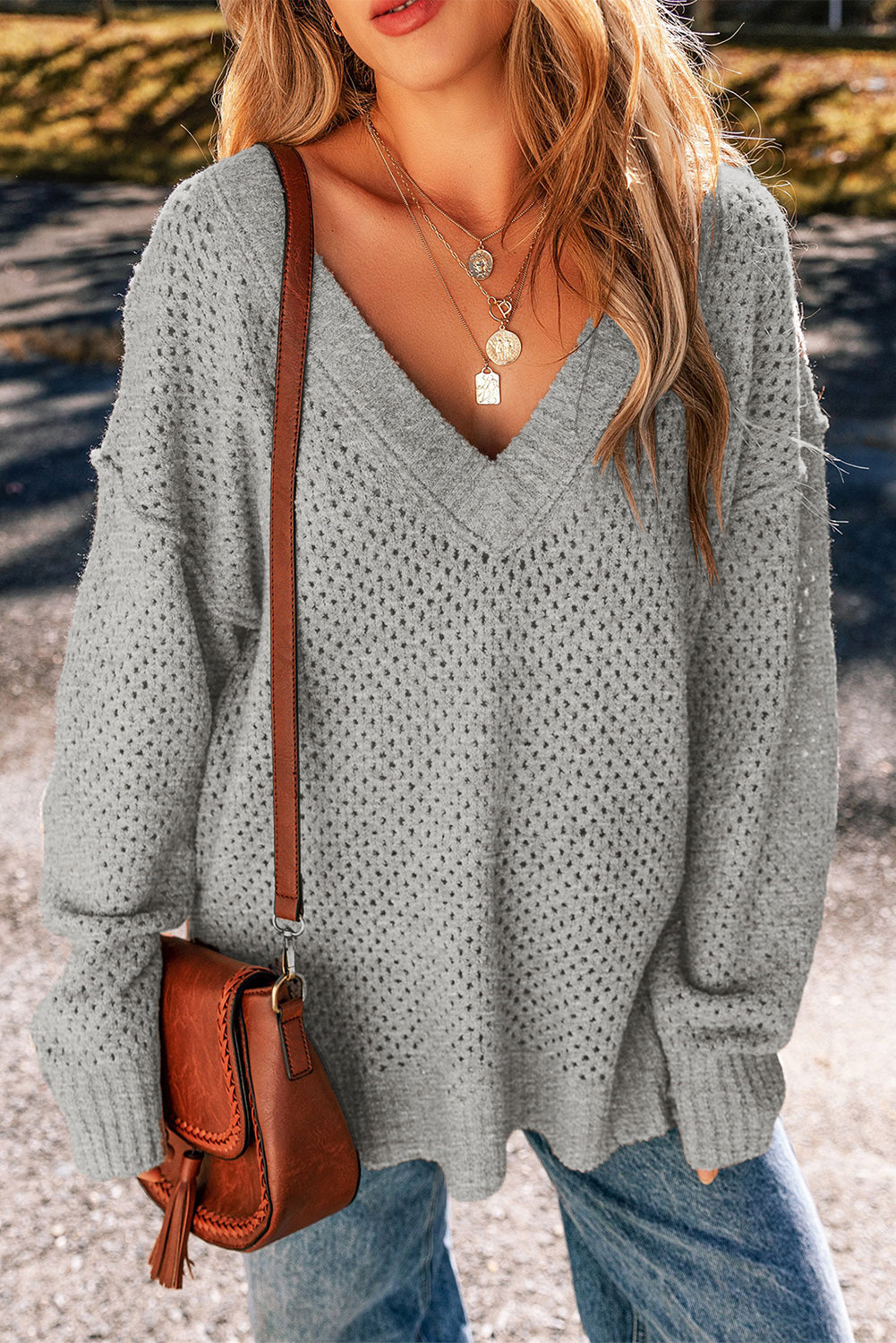 Dark Brown Loose Eyelet V Neck Drop Shoulder Sweater