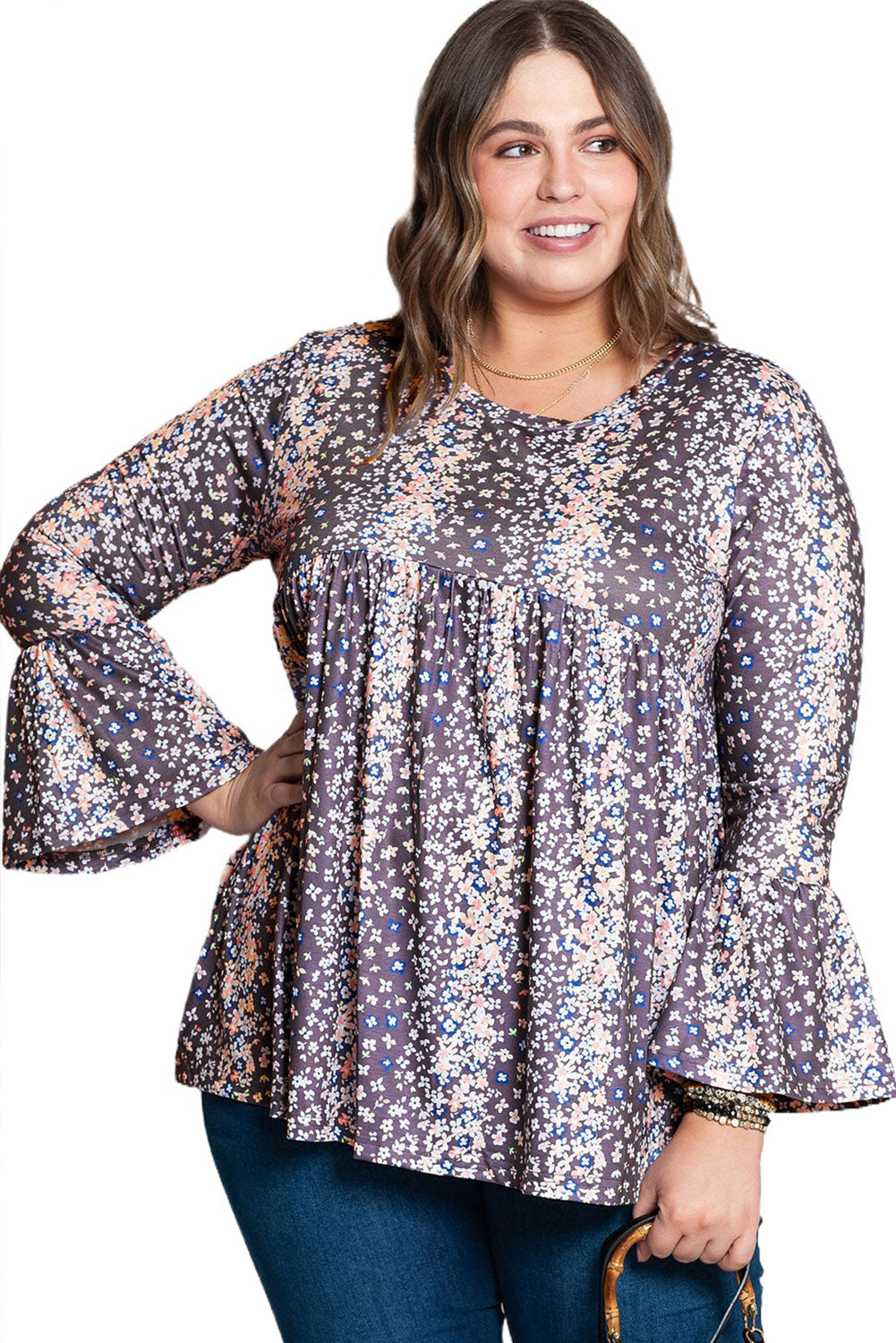 Purple Floral Print Round Neck Plus Size Babydoll Blouse