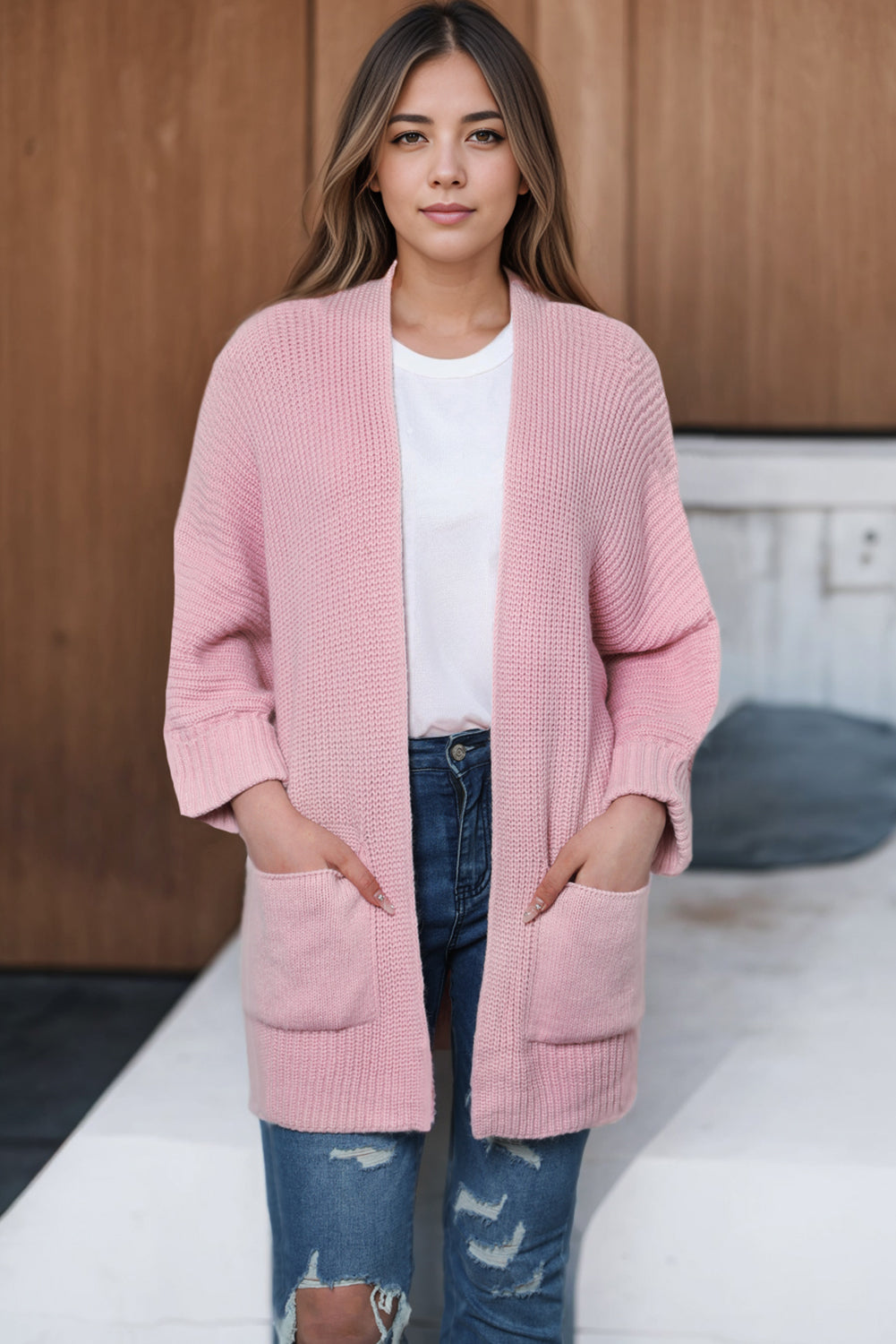 Pink Oversized Fold Over Sleeve Open Front Sweater