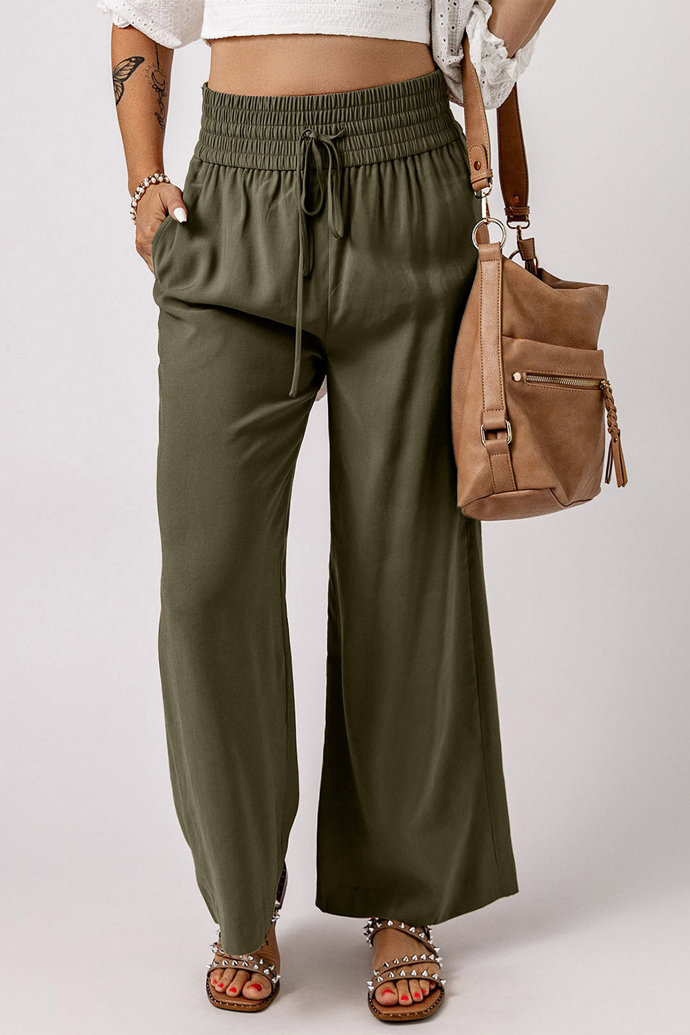 Brown Drawstring Elastic Waist Casual Wide Leg Pants