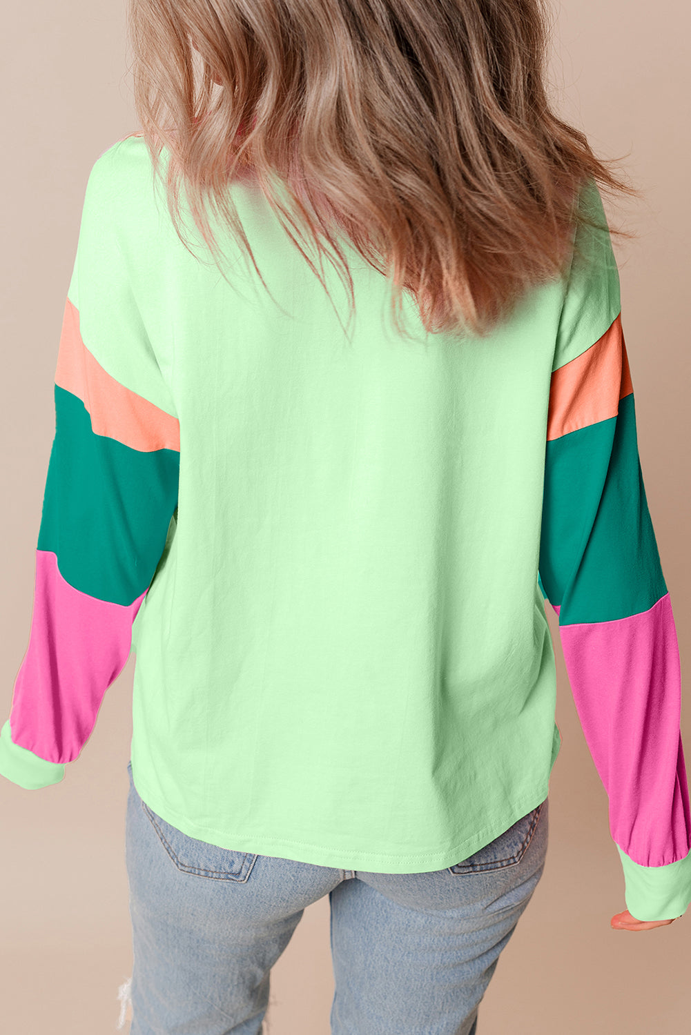 Dark Blue Colorblock Patchwork Long Sleeve Loose Top