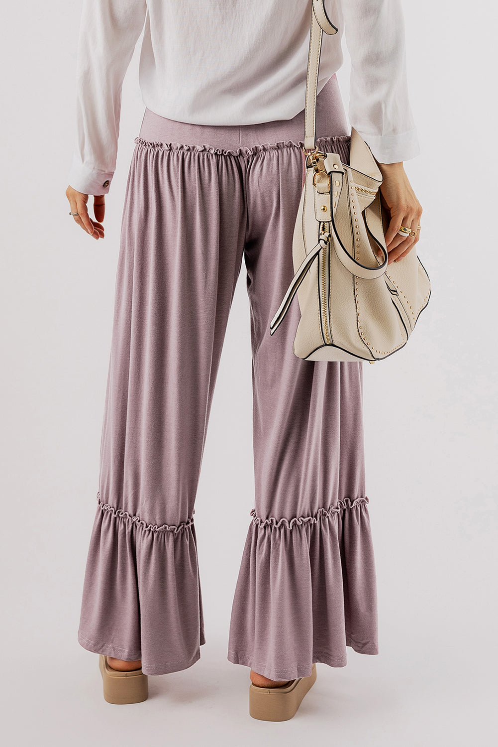 Black Frilled Drawstring High Waist Wide Leg Pants