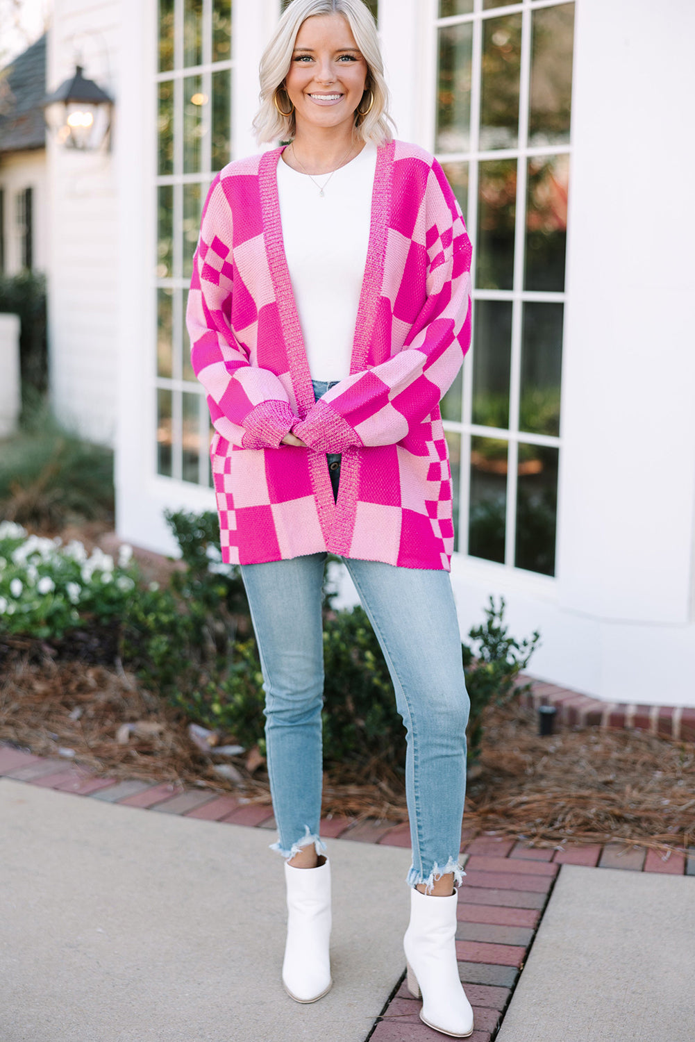 Rose Red Checkered Printed Ribbed Trim Open Front Cardigan