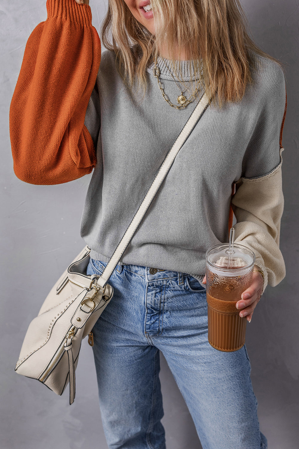 Coffee Colorblock Bishop Sleeve Ribbed Trim Sweater