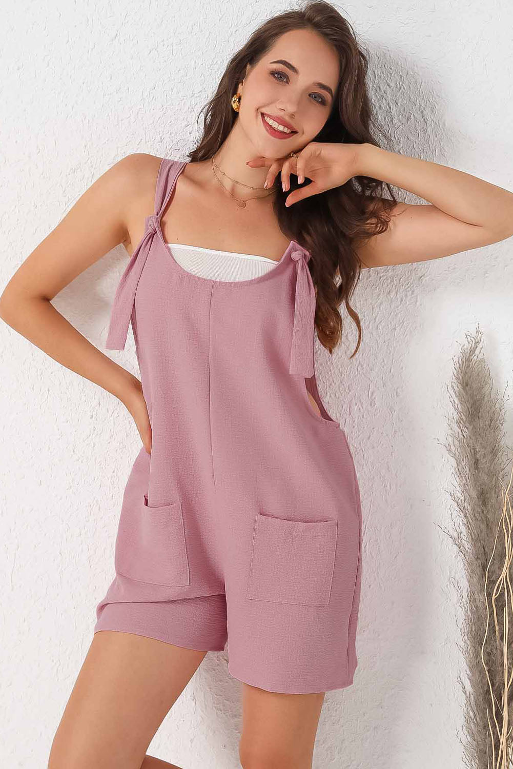 Rose Adjustable Straps Pocketed Textured Romper