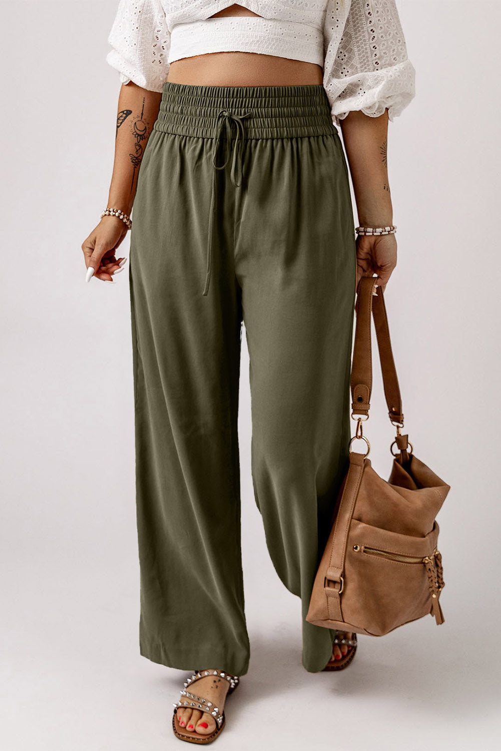 Brown Drawstring Elastic Waist Casual Wide Leg Pants