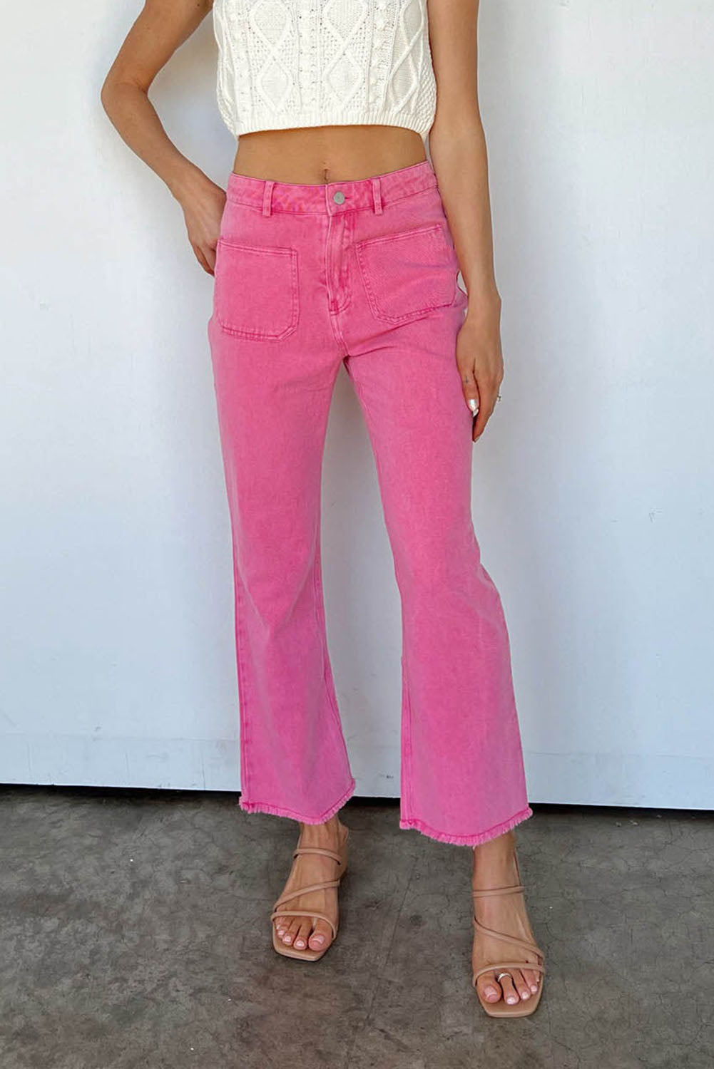 Pink Ankle-length Flare Leg Raw Hem Jeans