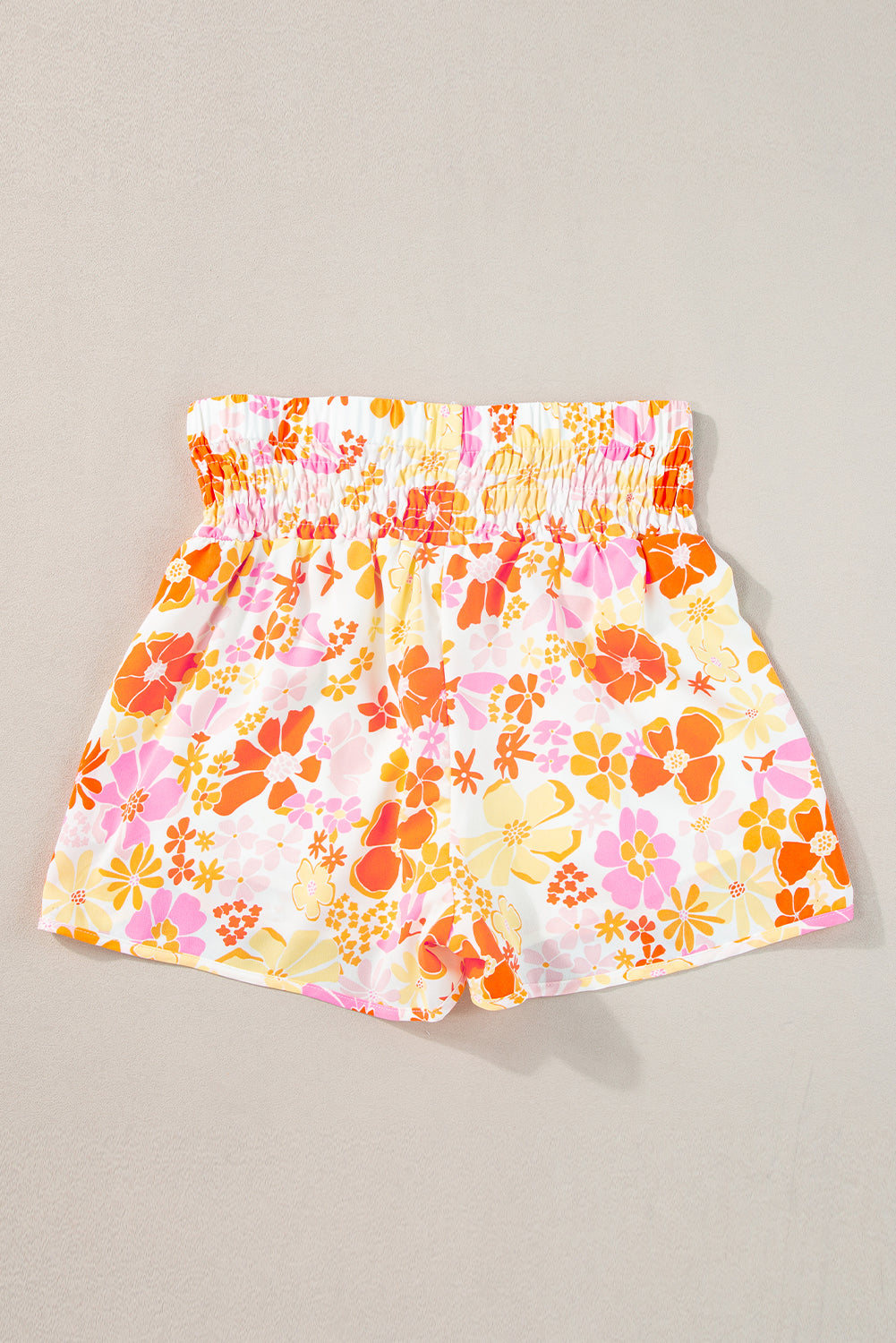 Pink Boho Floral Shirred High Waist Casual Shorts