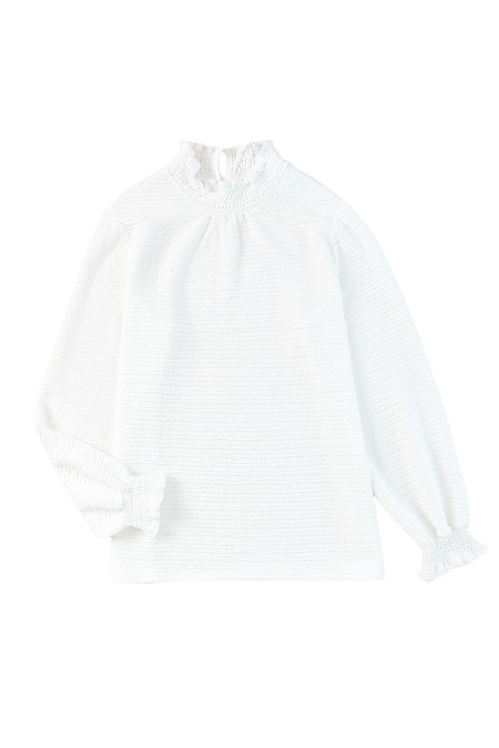 White Frilled Smocked Neck Textured Bishop Sleeve Blouse