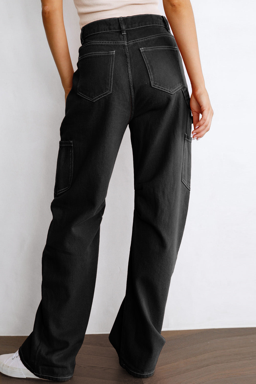 Black High Waist Straight Leg Cargo Pants with Pockets