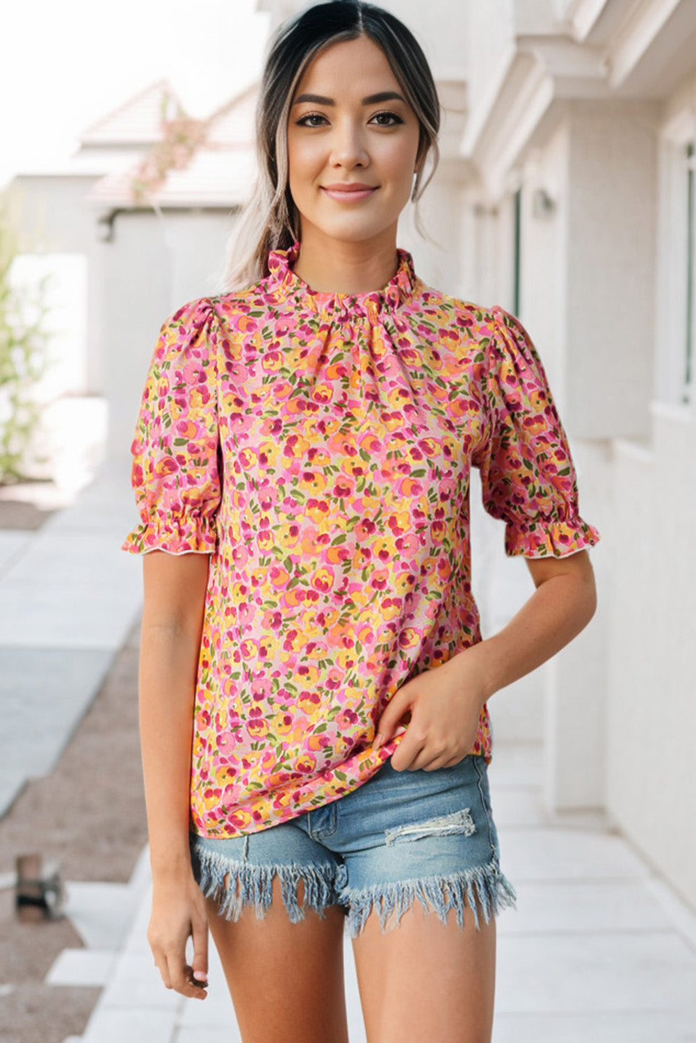 Yellow Boho Floral Ruffle Short Sleeve Frill Mock Neck Blouse