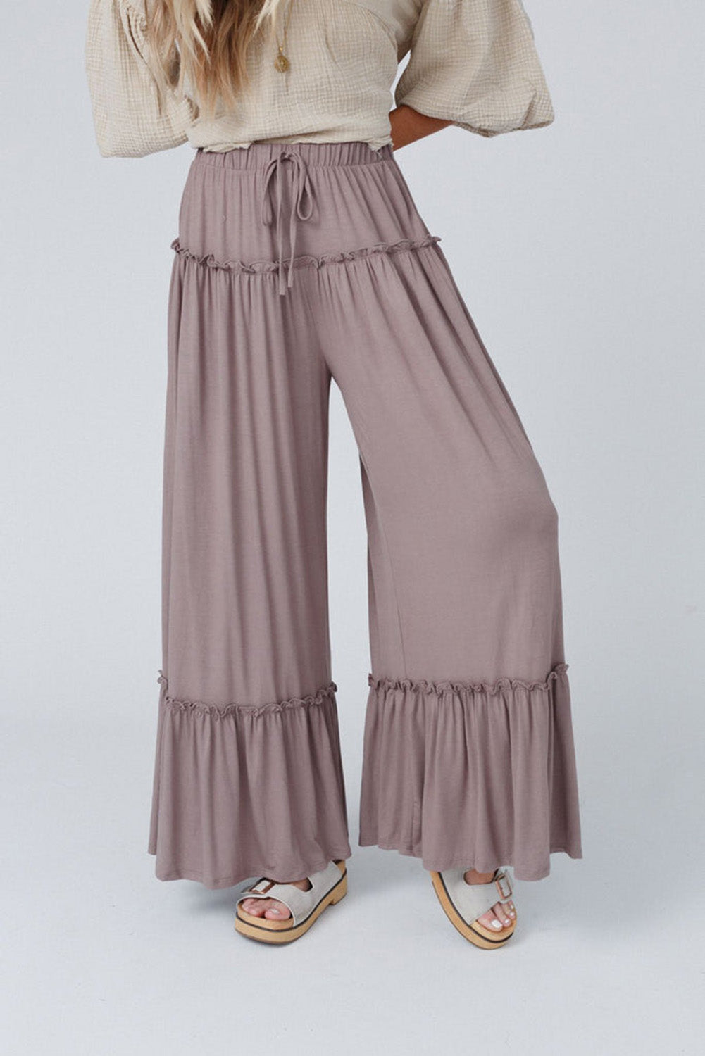 Black Frilled Drawstring High Waist Wide Leg Pants