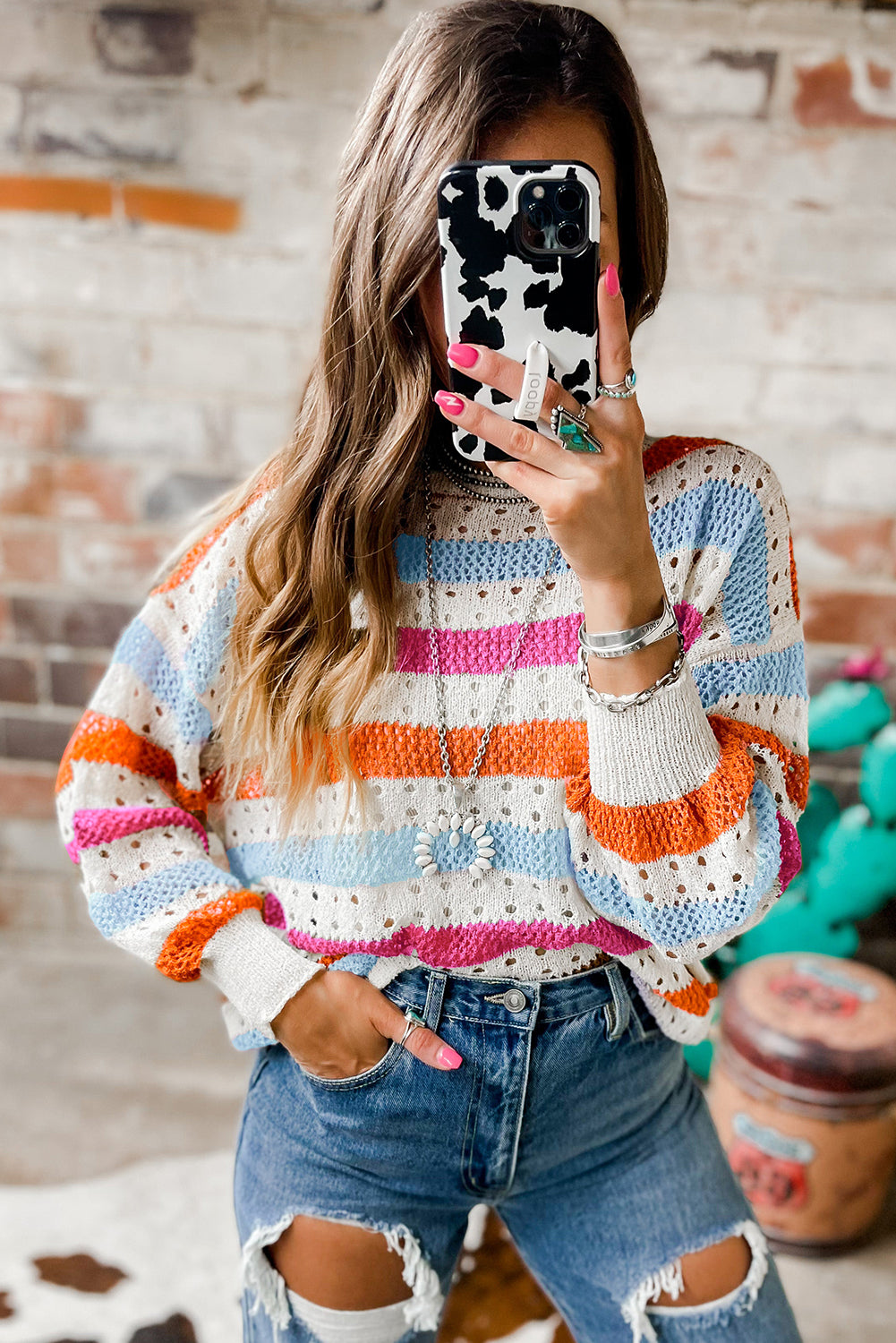 Multicolor Striped Hollowed Knitted Loose Sweater