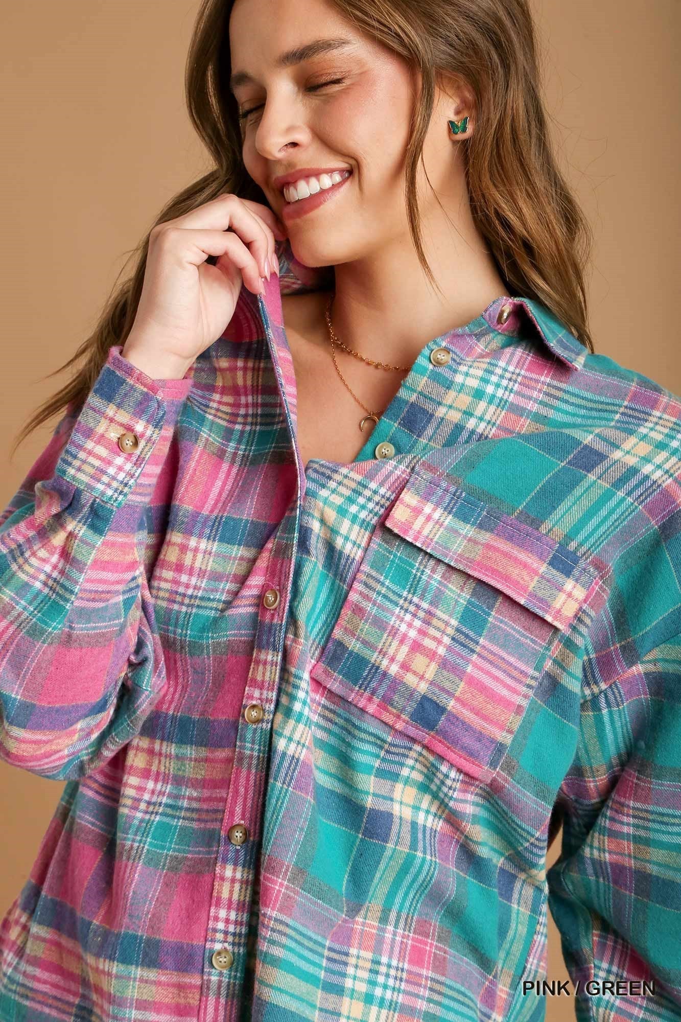 Mixed Plaid Boxy Cut Button Down Flannel With Front Pocket