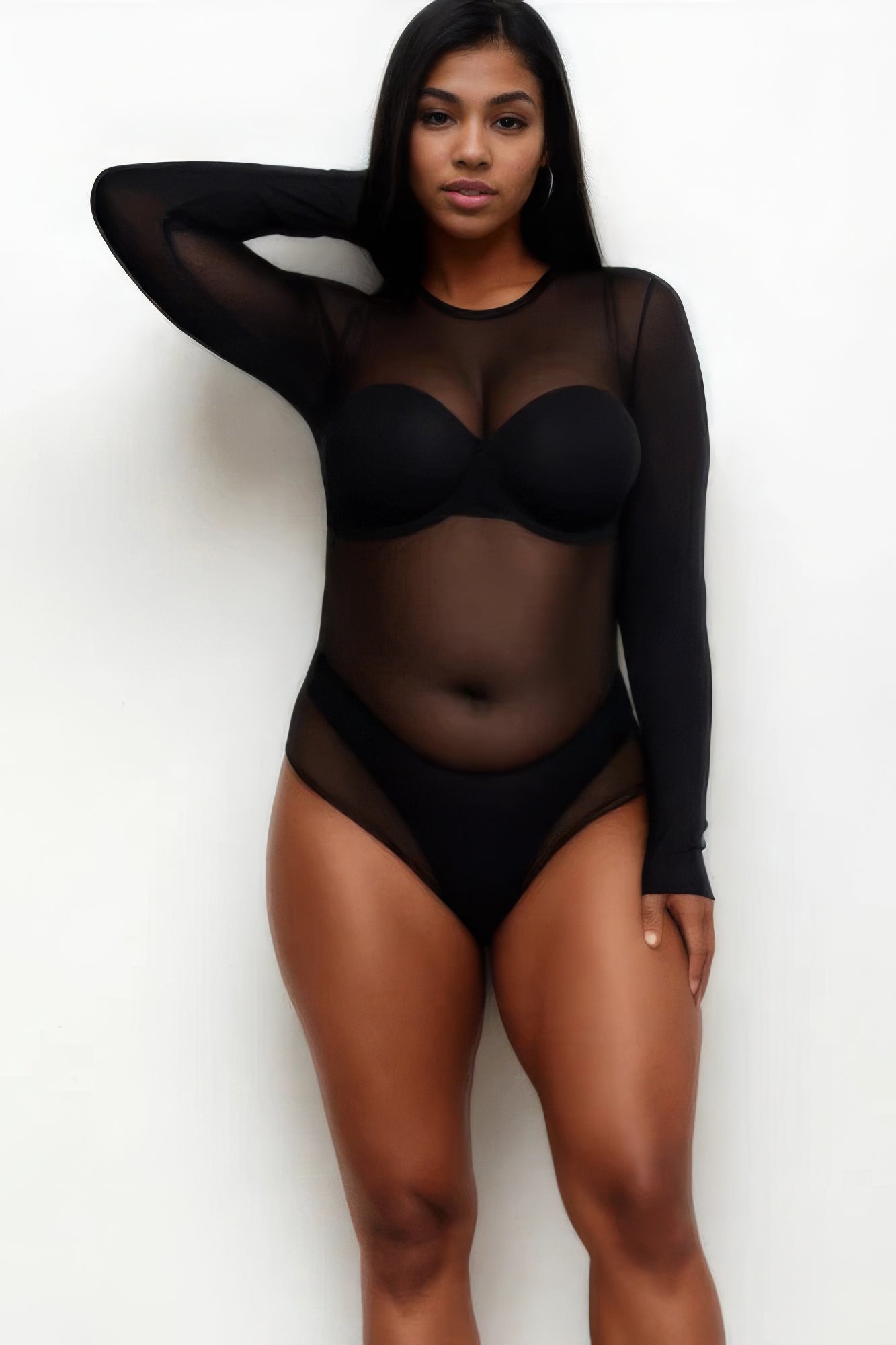 Plus Size Sexy Sheer Mesh Long Sleeve Bodysuit