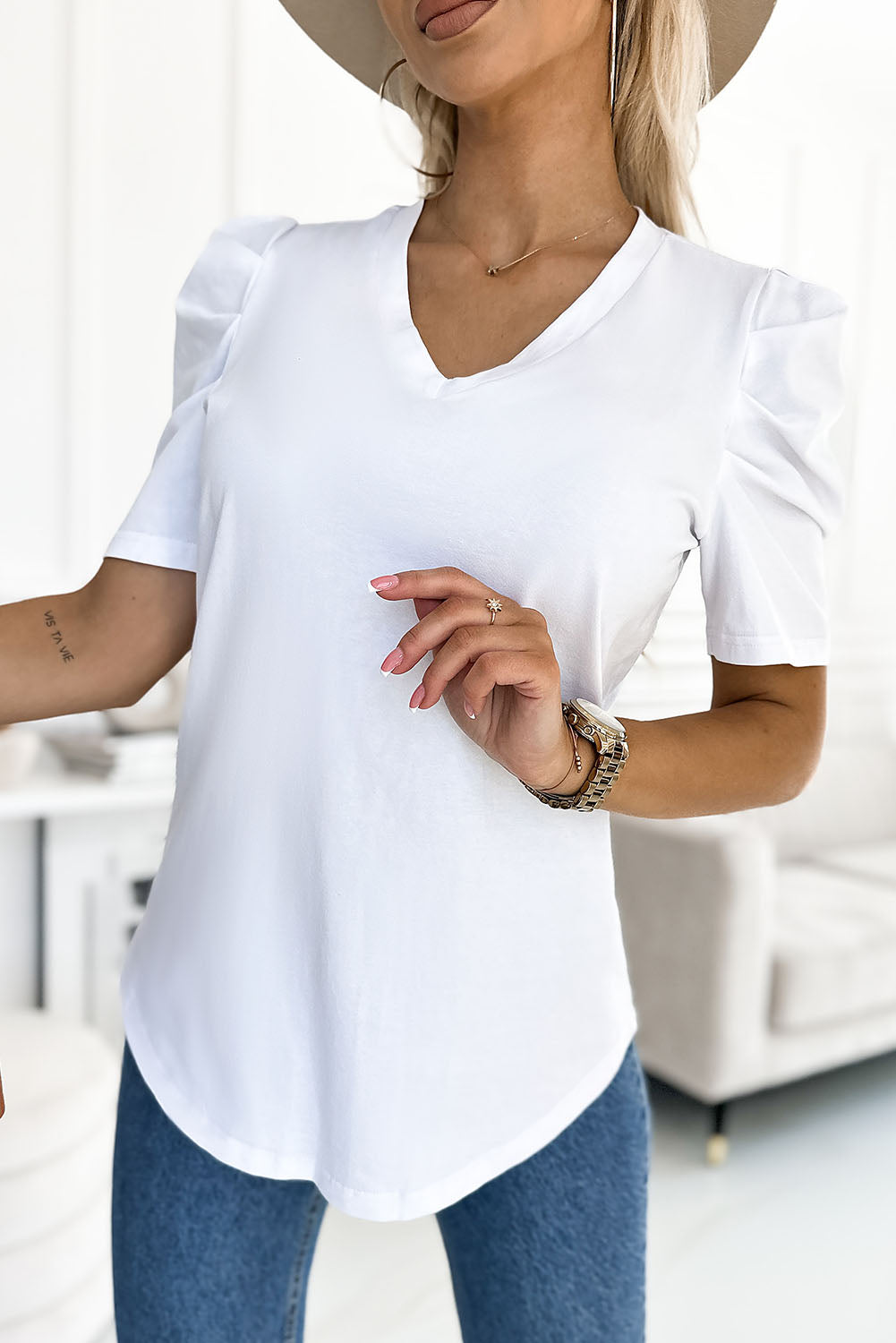 Black Puff Sleeve V-Neck T-Shirt