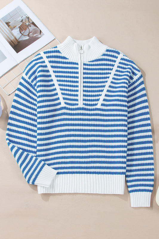 Sky Blue Stripe Zip up Collar Drop Shoulder Sweater