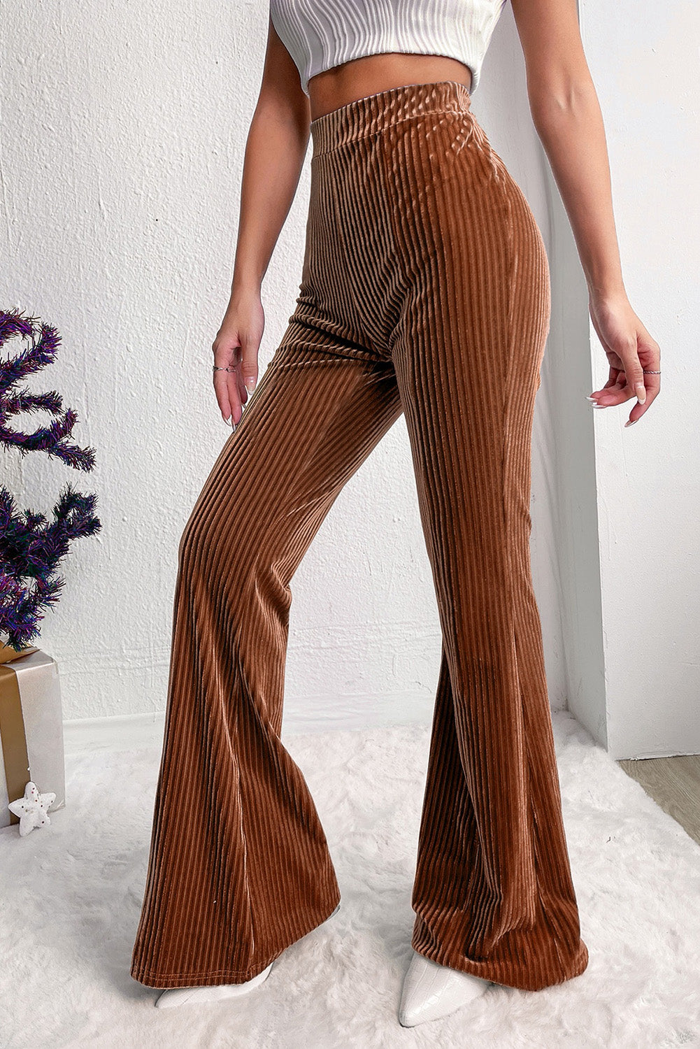 Black Solid Color High Waist Flare Corduroy Pants