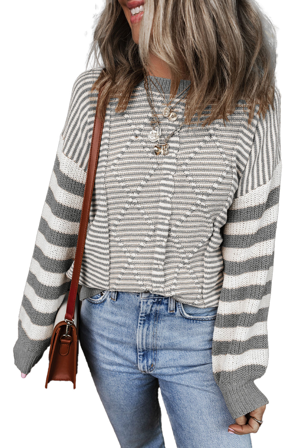 Gray Stripe Geometric Textured Drop Shoulder Sweater