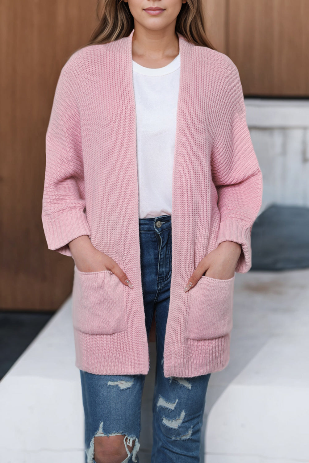 Pink Oversized Fold Over Sleeve Open Front Sweater