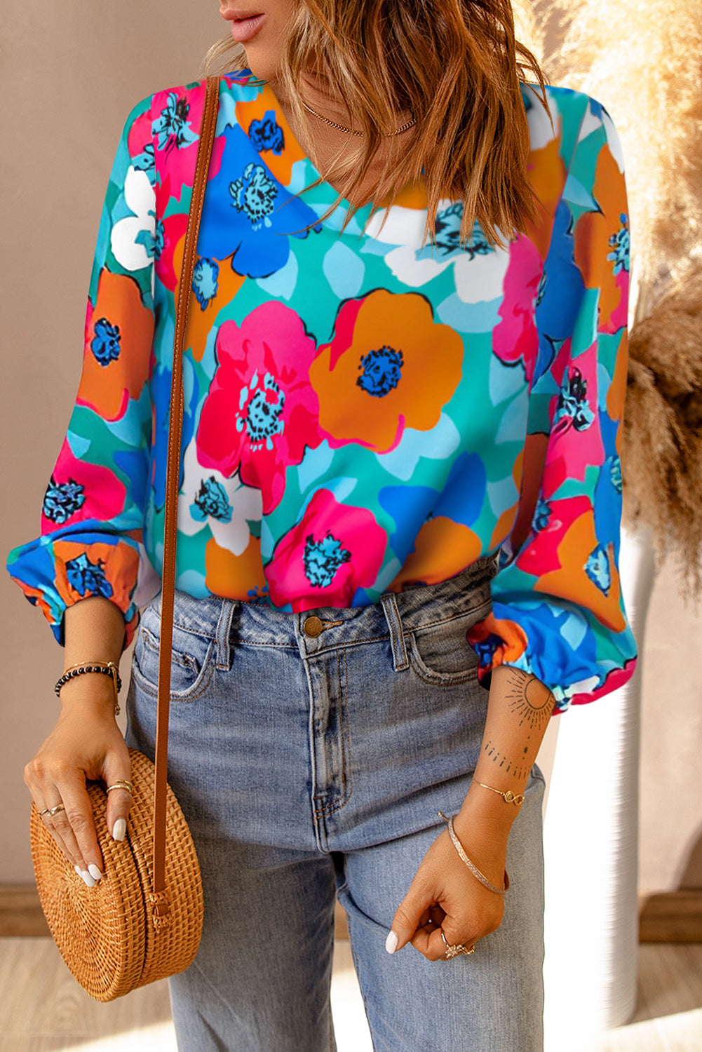 Rose Multicolor Floral Print V Neck 3/4 Sleeve Blouse