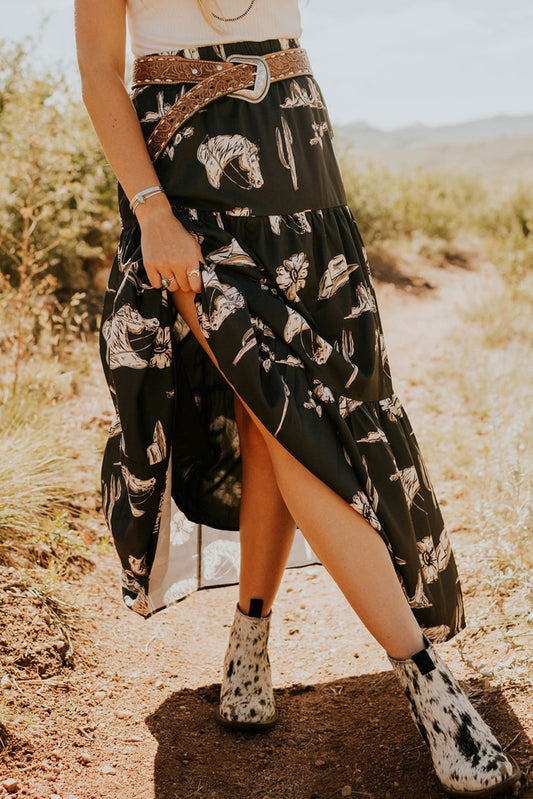 Black Western Print Tiered Ruffled High Waist Maxi Skirt