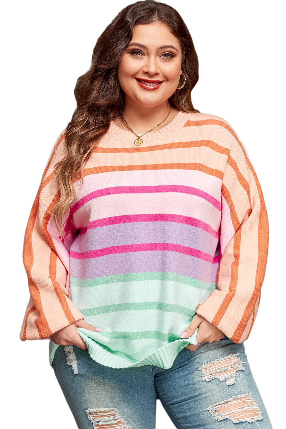 Pink Stripe Color Block Balloon Sleeve Crewneck Plus Size Sweater