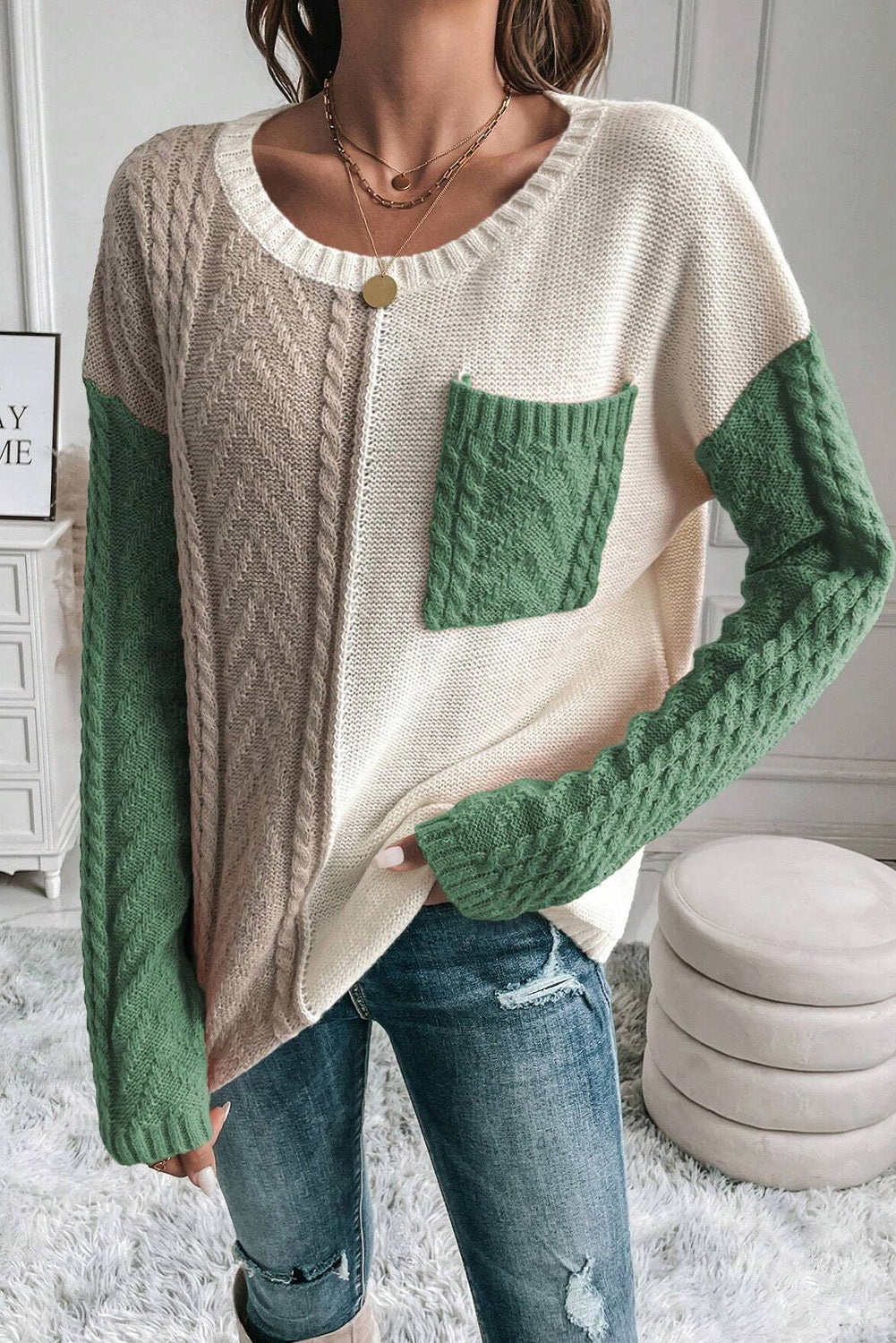 Gold Flame Colorblock Patched Pocket Drop Shoulder Sweater