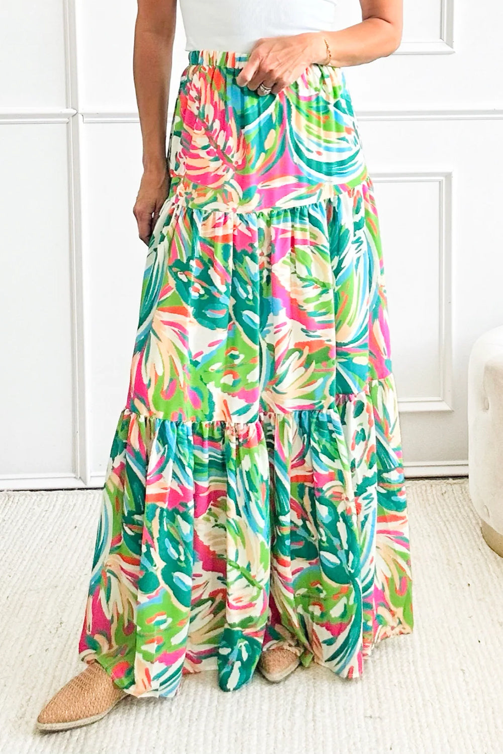 Green Abstract Printed High Waist Tiered Maxi Skirt