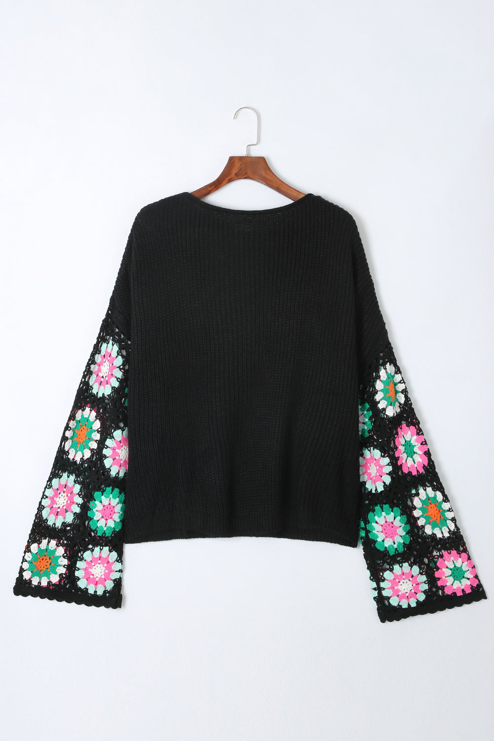 Black Floral Crochet Bell Sleeve Loose Sweater