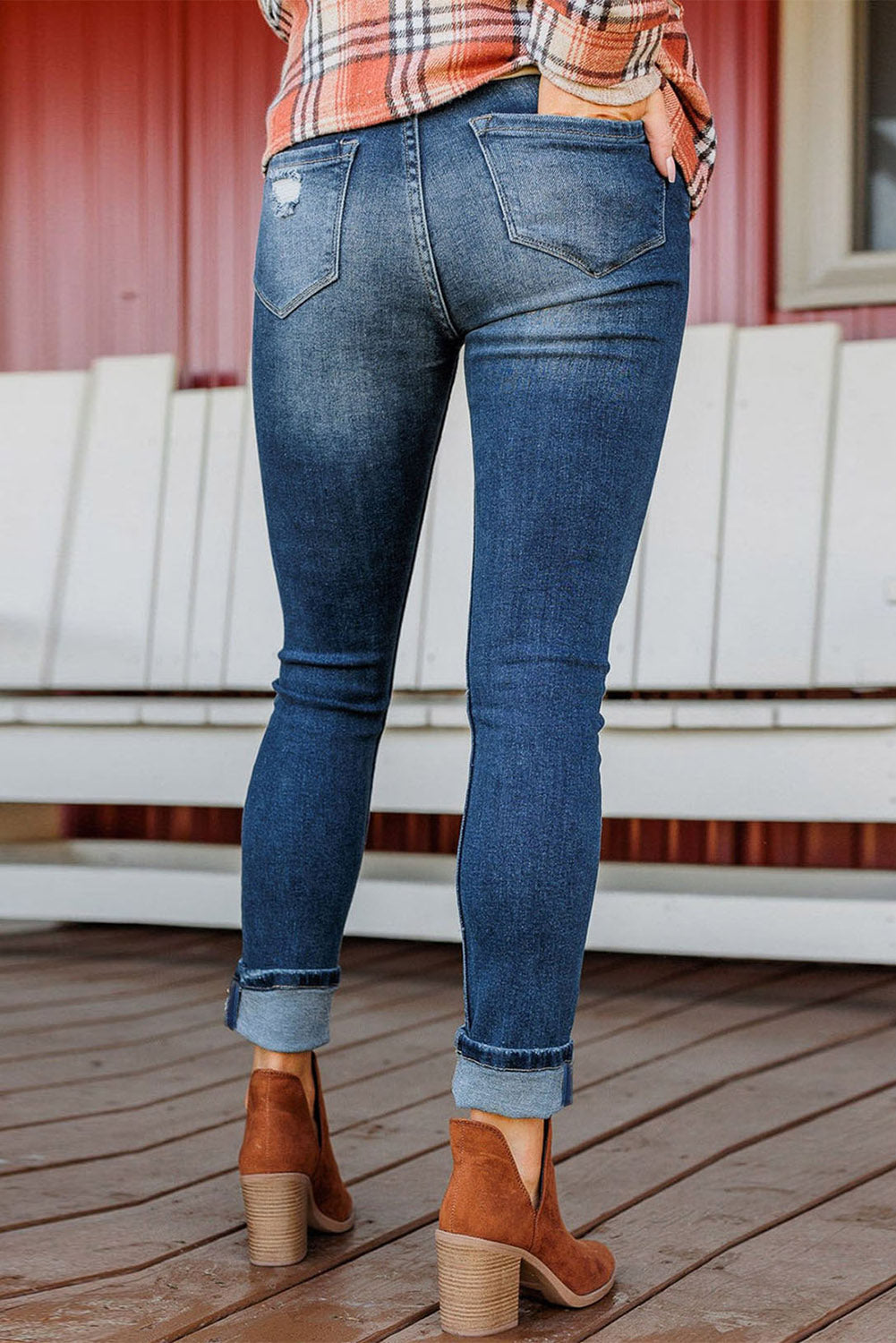 Blue Distressed Button Fly High Waist Skinny Jeans