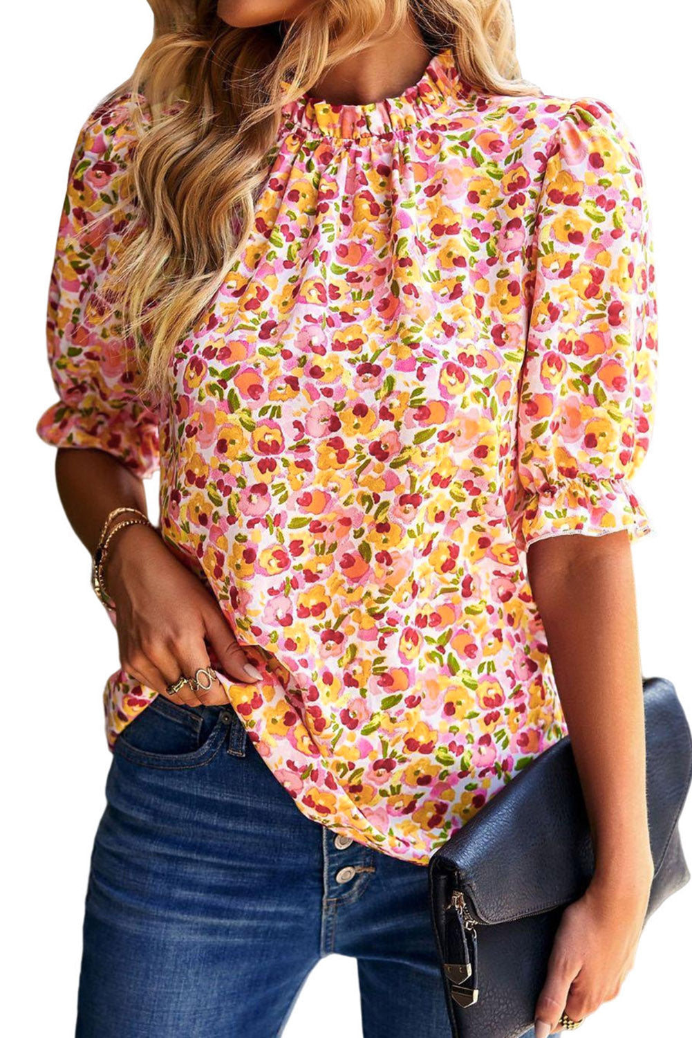 Yellow Boho Floral Ruffle Short Sleeve Frill Mock Neck Blouse