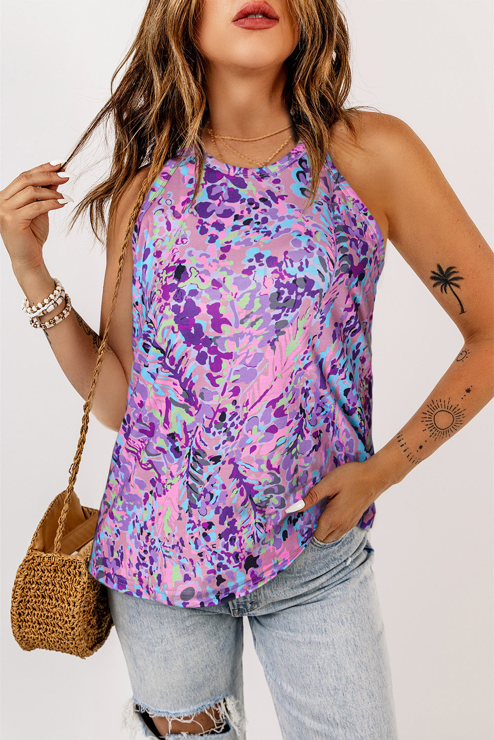 Sky Blue Tropical Floral Print Racerback Tank Top