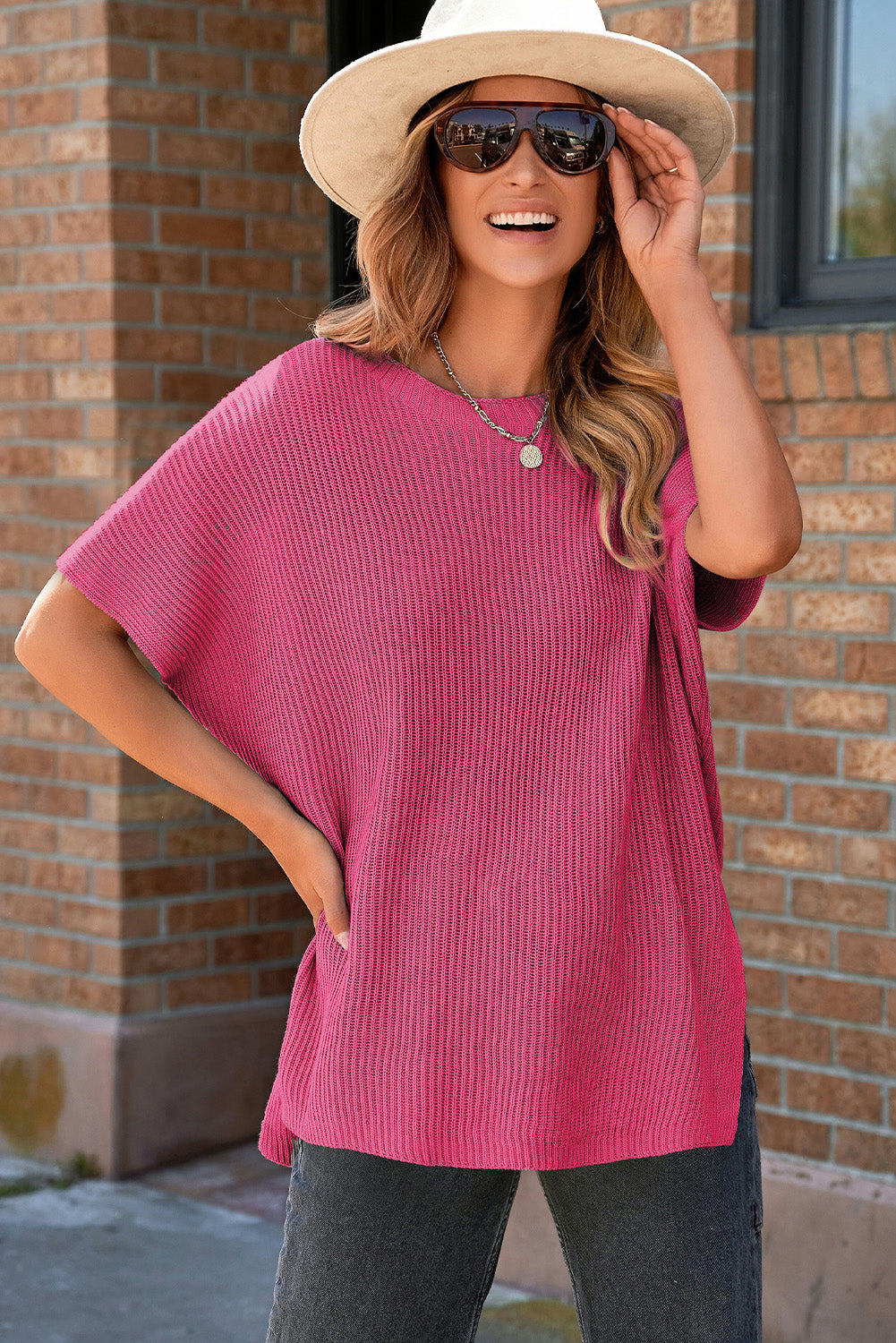 Apricot Short Sleeve Side Slit Oversized Sweater