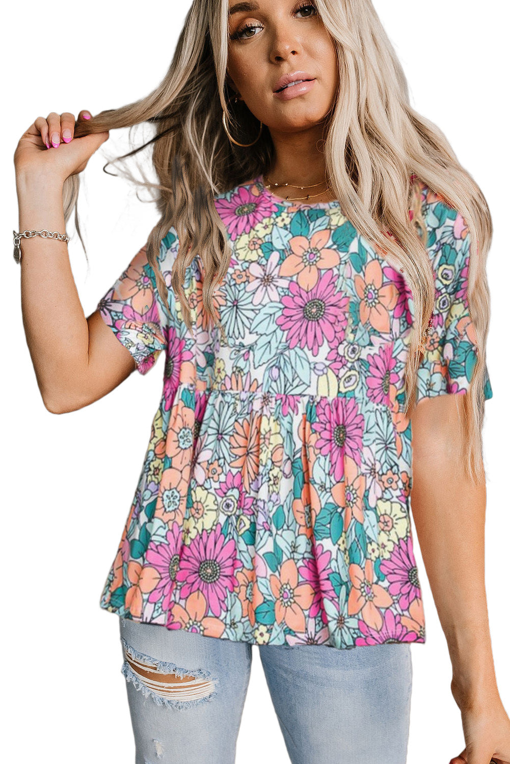 Multicolor Bohemian Flower Print Flowy Short Sleeve Top