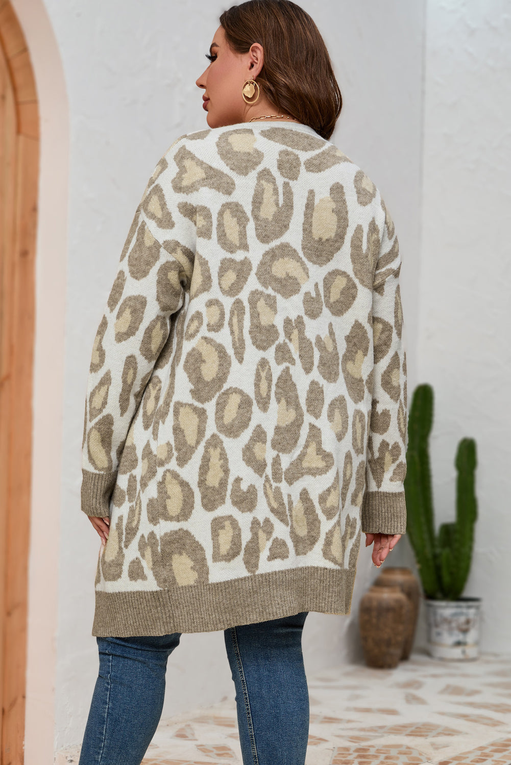 Beige Plus Size Leopard Pattern Cardigan