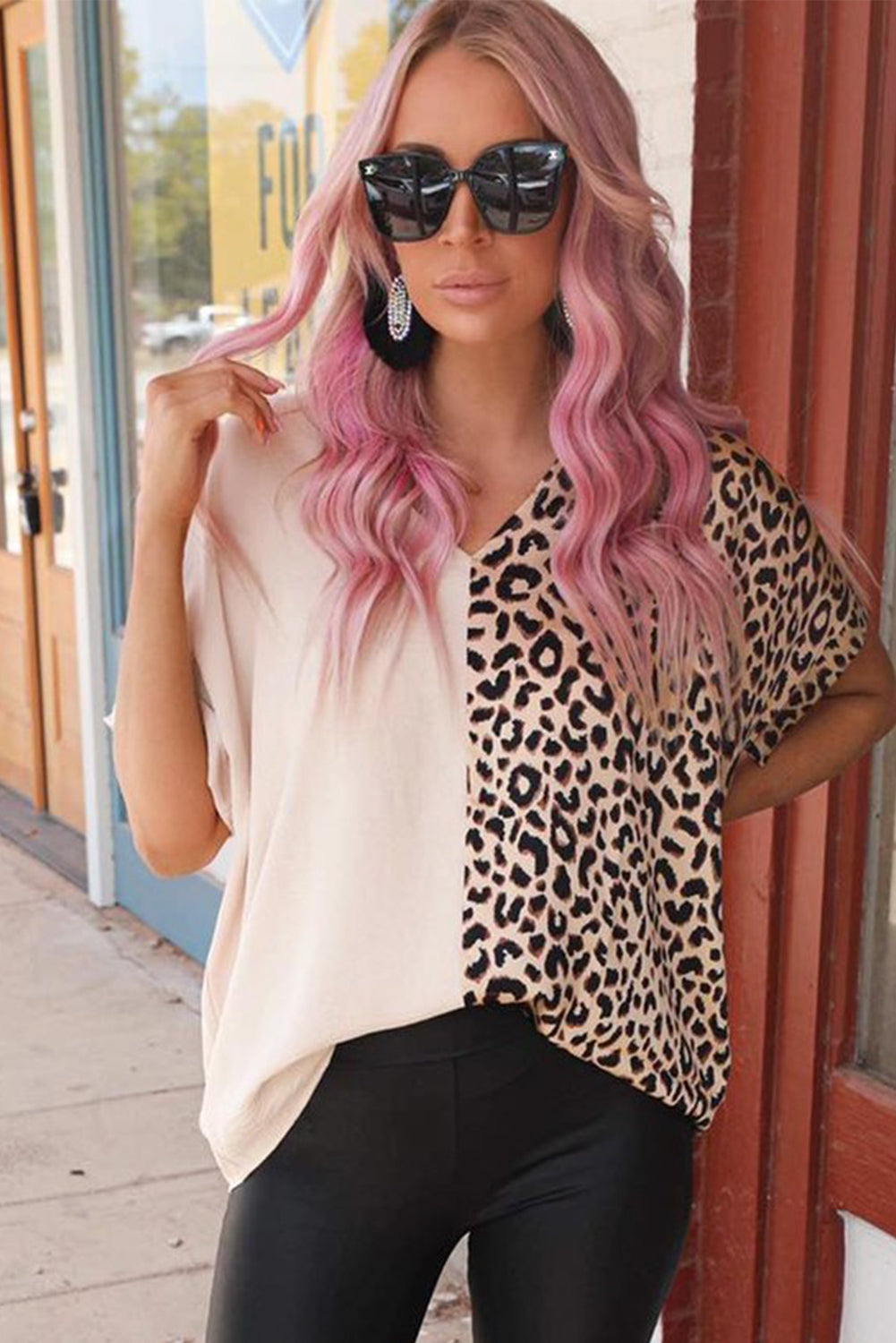 Rose Contrast Leopard Color Block Blouse