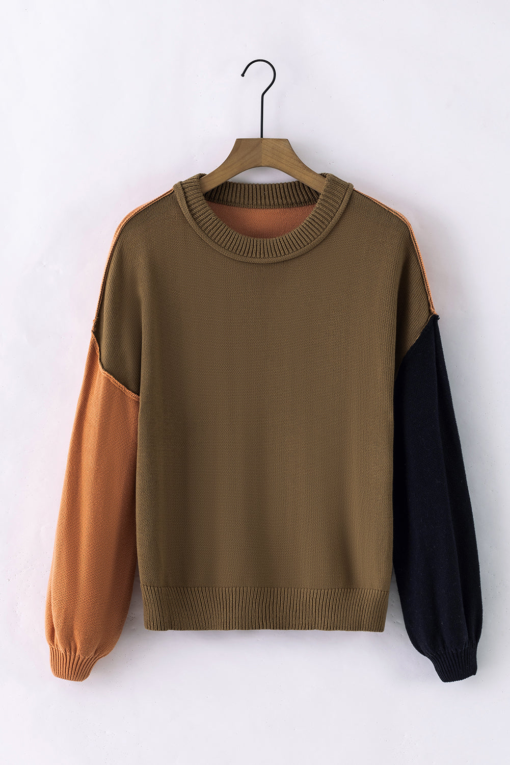 Coffee Colorblock Bishop Sleeve Ribbed Trim Sweater