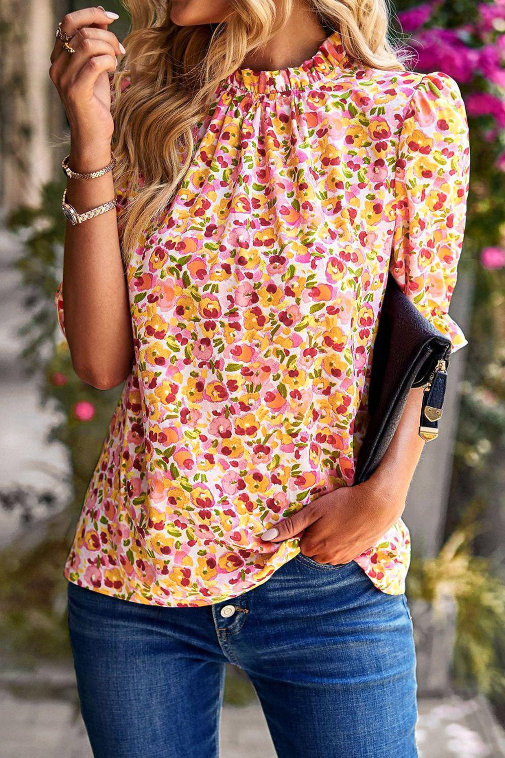 Yellow Boho Floral Ruffle Short Sleeve Frill Mock Neck Blouse