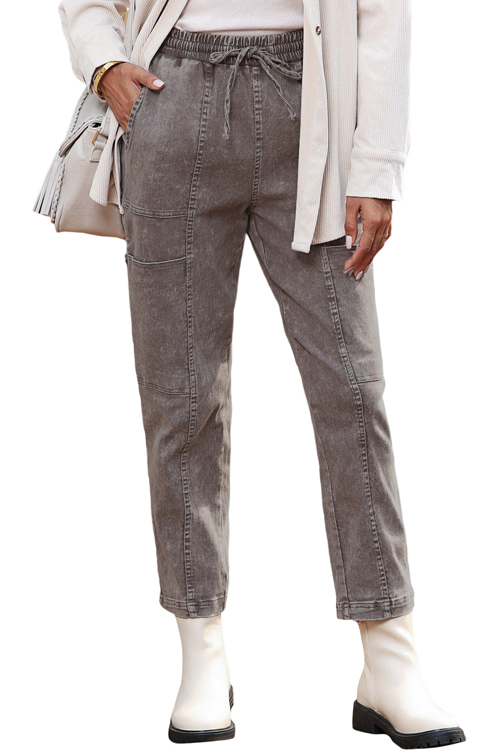 Gray Acid Wash Multi Pocket Drawstring Waist Pants