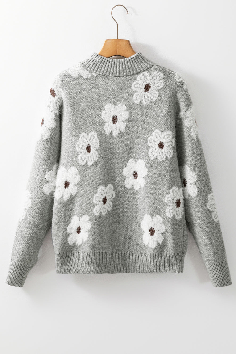 Gray Floral Pattern Half Zip Drop Shoulder Sweater