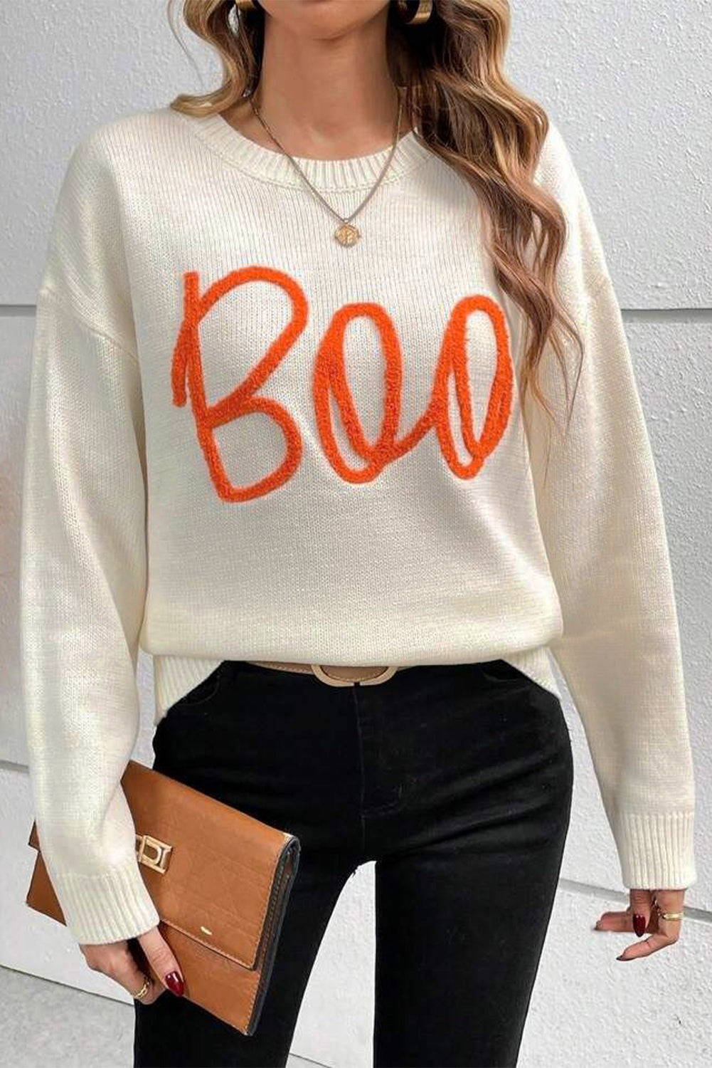 Black Boo Knitted Pattern Ribbed Edge Drop Shoulder Sweater