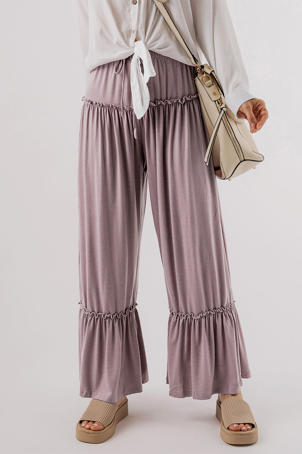 Black Frilled Drawstring High Waist Wide Leg Pants