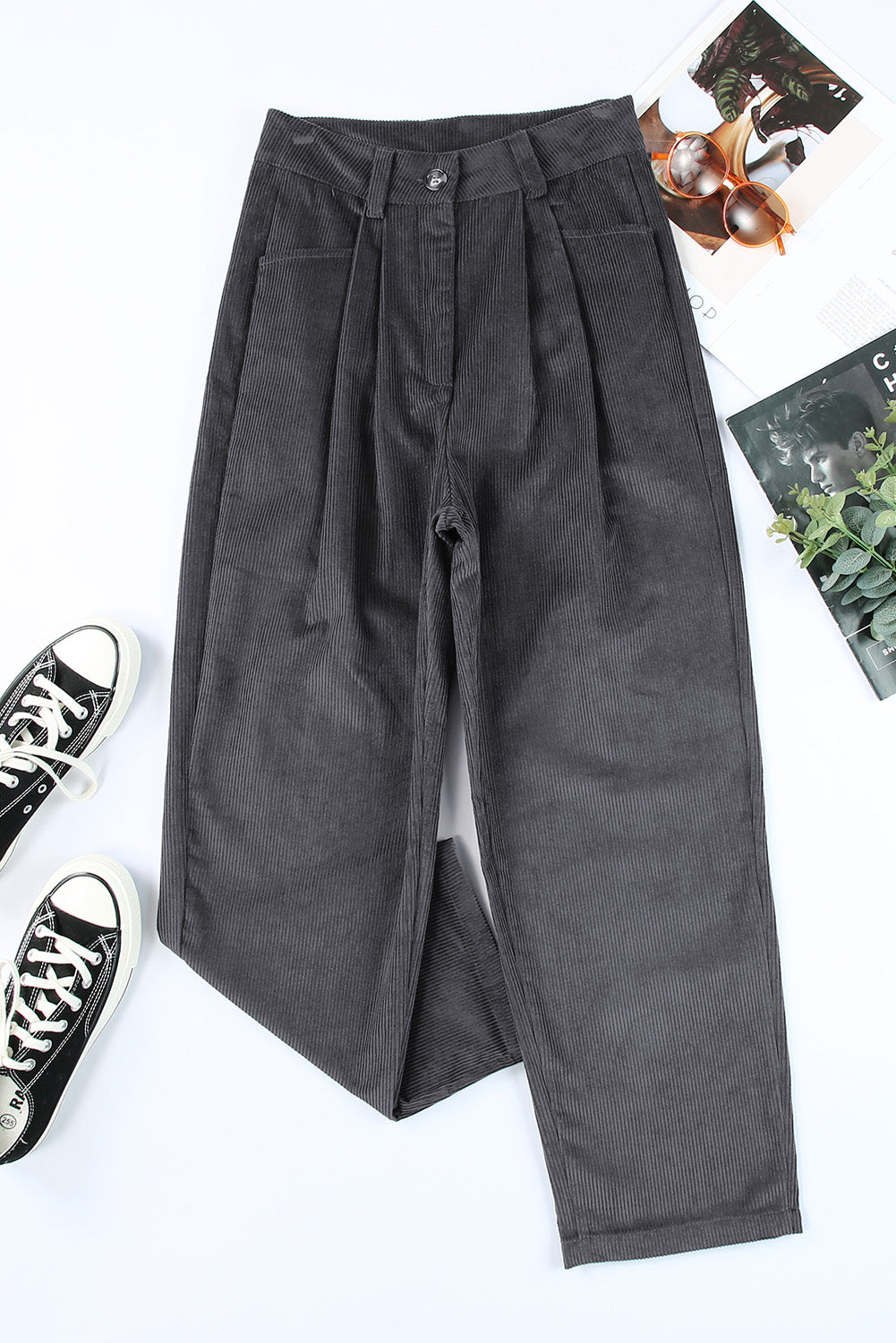 Gray Corduroy High Waist Straight Leg Pants