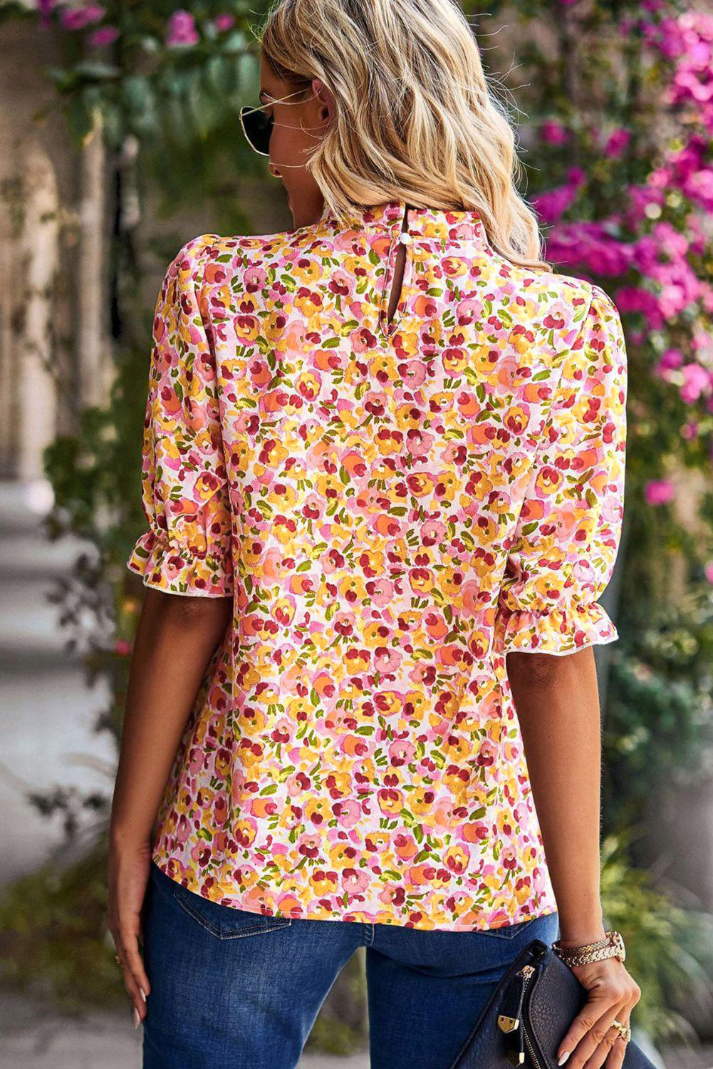 Yellow Boho Floral Ruffle Short Sleeve Frill Mock Neck Blouse