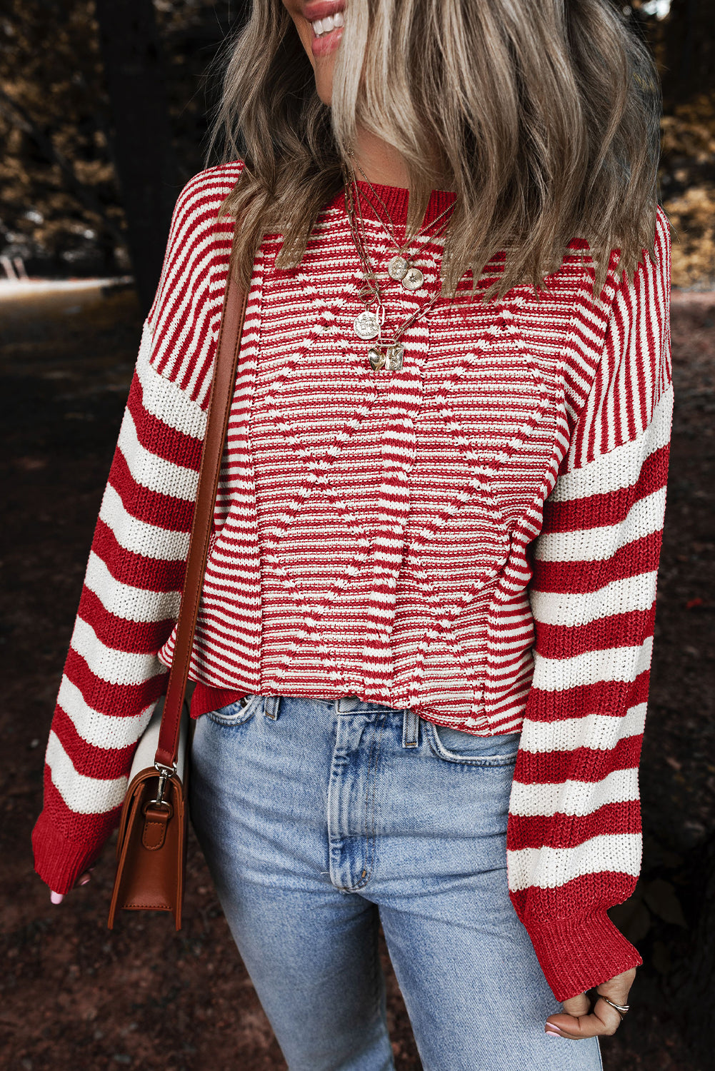 Gray Stripe Geometric Textured Drop Shoulder Sweater