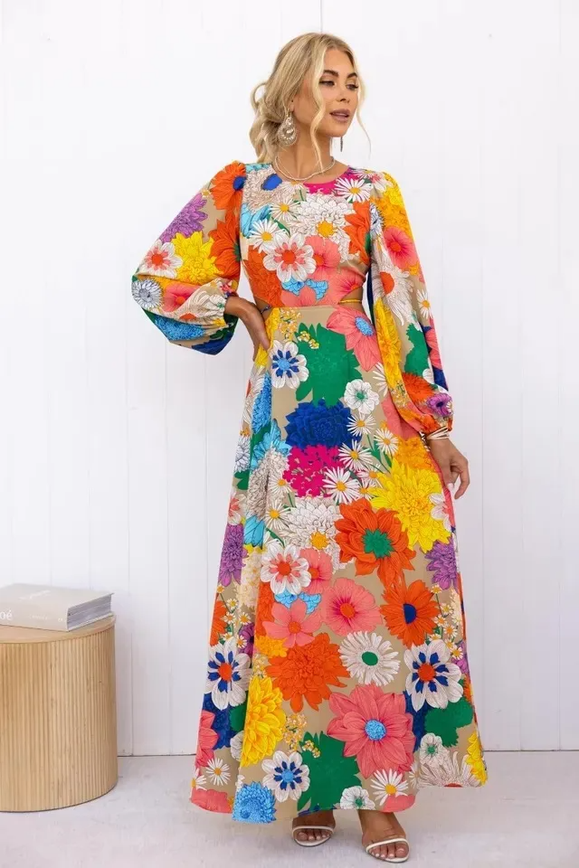 Women Fashion Casual Floral Print Lace-Up Long Sleeve Maxi Dress