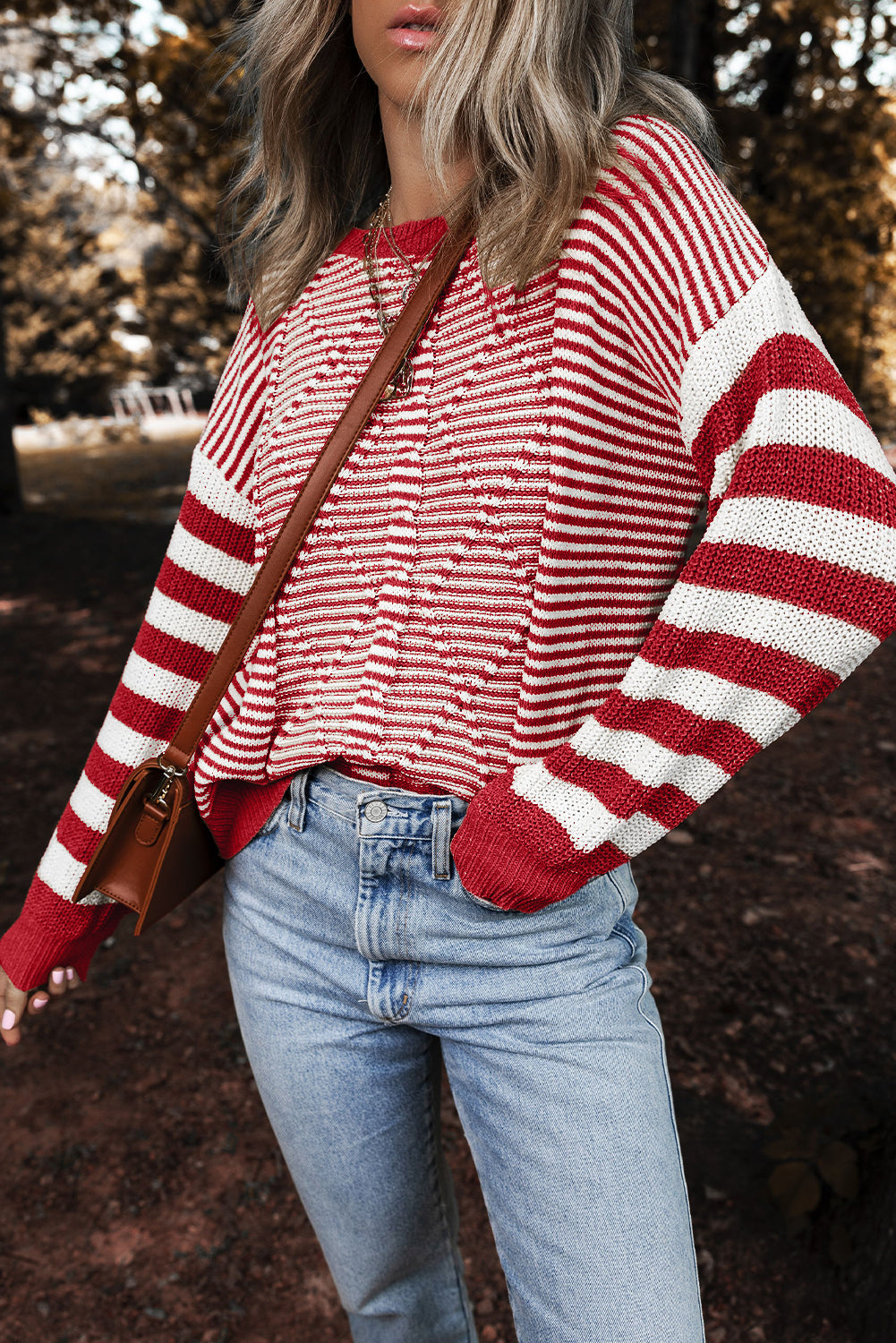 Gray Stripe Geometric Textured Drop Shoulder Sweater