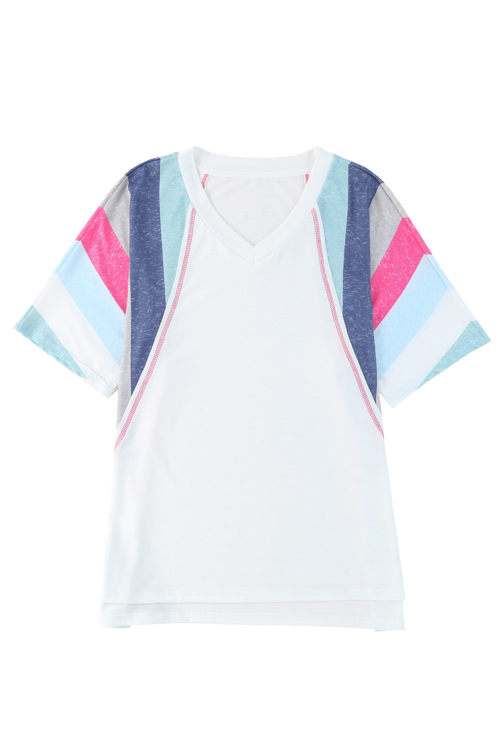 White Stripe Patchwork V Neck T Shirt